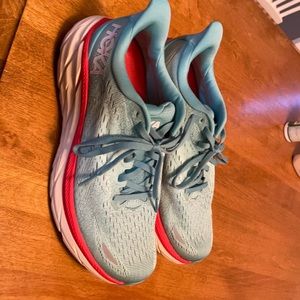 Like new hoka Clifton 7.5 wide running shoes.  Worn one time total of 5 miles